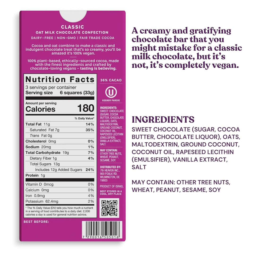Classic Oat Milk Chocolate Bar - Vegan, Organic, Dairy-Free